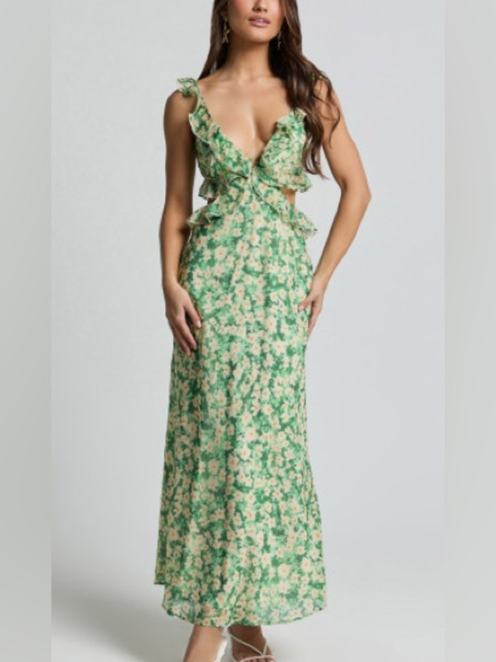 Floral Ruffle Cutout Green Maxi Dress